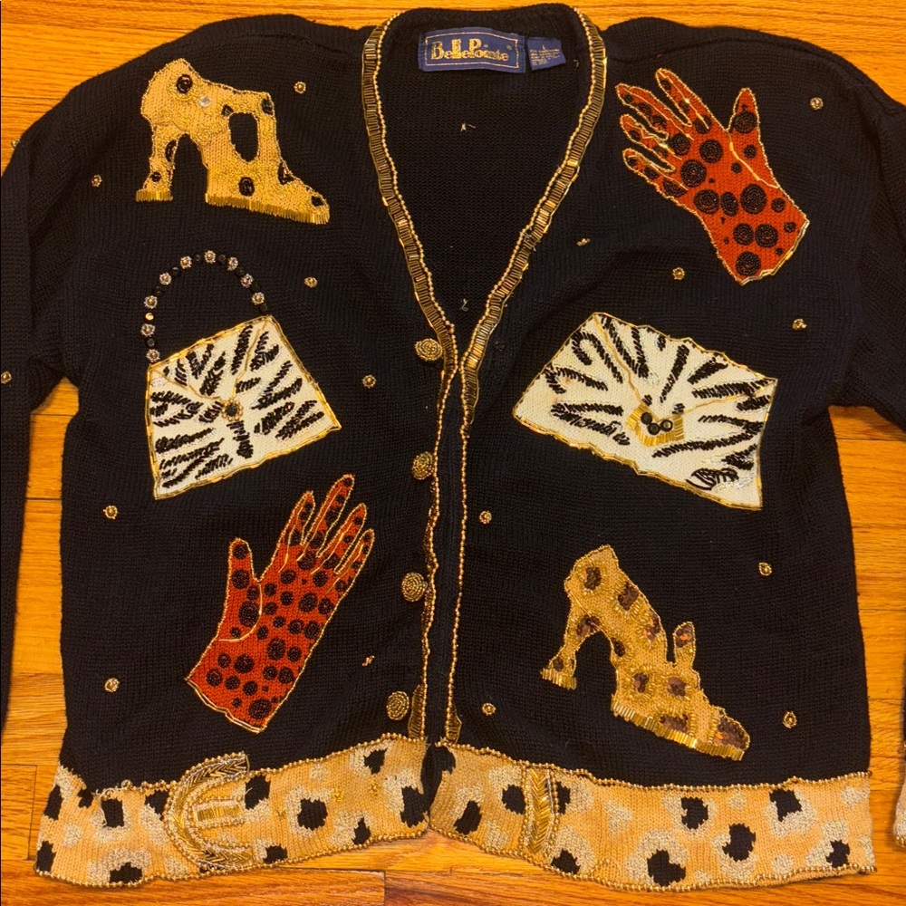Belle Pointe Novelty Cardigan L Black Beaded Sequin Heels & Purses